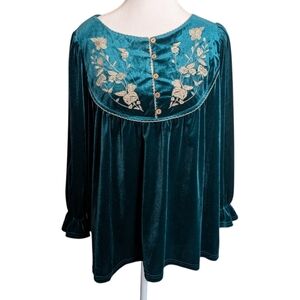 Umgee Emerald Green Velvet Peasant Boho Long Sleeve Blouse Women's Size Small